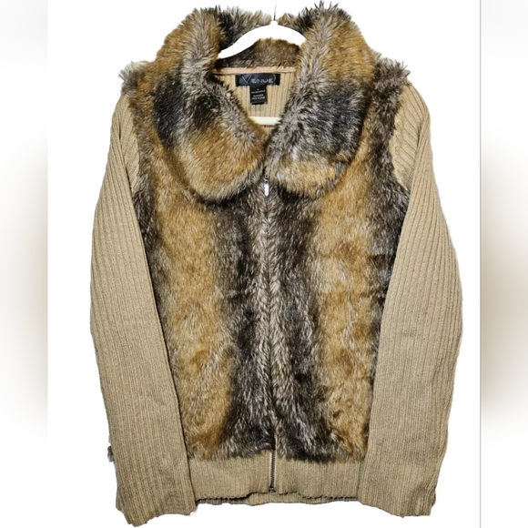 Venue Ribbed Sweater With Faux Fur Front Full Zip Cardigan Size Large Y2K Tan - Picture 2 of 15